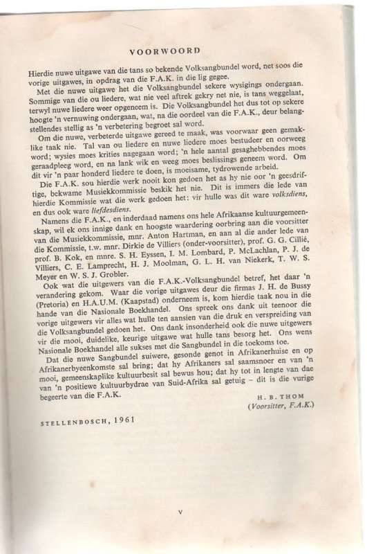 NUWE F A K SANGBUNDEL  (4 DE DRUK 1968) VOORWOORD H B THOM