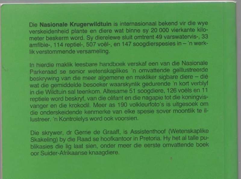 DIERE VAN DIE NASIONALE KRUGERWILDTUIN - G DE GRAAFF (1 STE UITGAWE 1987)