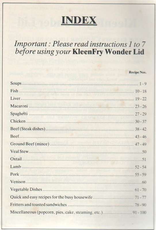 KLEEN FRY WONDER-LID COOKERY BOOK, 100 TRIED AND TESTED RECIPES