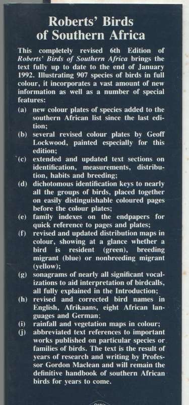 ROBERTS' BIRDS OF SOUTHERN AFRICA - GORDON LINDSAY MACLEAN (SIXTH EDITION 1993)