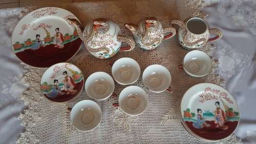 Antique 22-piece Japanese Satsuma Dragon Porcelain Tea Set - excellent condition