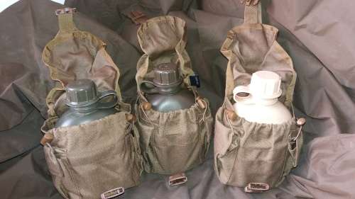 Lot of Army Water Bottles with pouches and Fire-Buckets