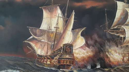 Sailing Ship battle by J. Harvey. Original Oil on Board.  FRAMED, LARGE!