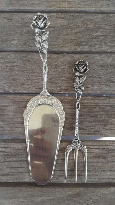 Cake Lifter and Matching Fork. Roses Motif. Silver.