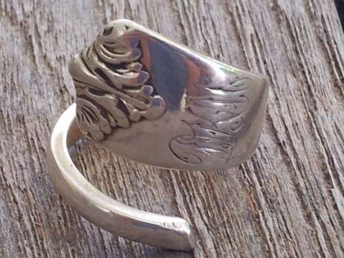 Solid Silver Spoon Ring with Decoration. Hand Engraved DKM. 8.7 grammes. Adjustable.