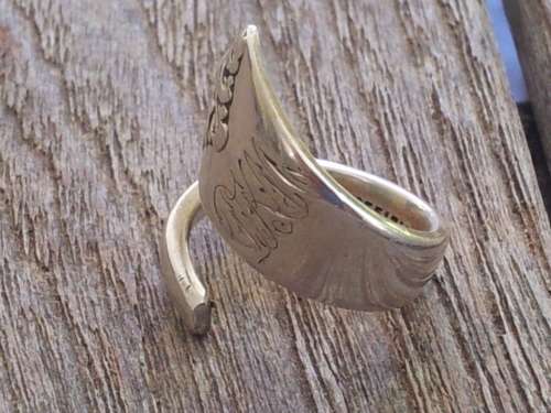 Solid Silver Spoon Ring with Decoration. Hand Engraved DKM. 8.7 grammes. Adjustable.