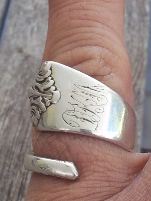 Solid Silver Spoon Ring with Decoration. Hand Engraved DKM. 8.7 grammes. Adjustable.