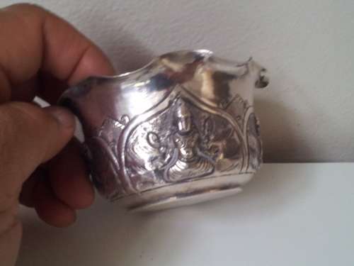 Solid Sterling Silver Indian Fluted Bowl. Hindu Deities. Madras.  Raj. Anglo-India. 59 grammes.
