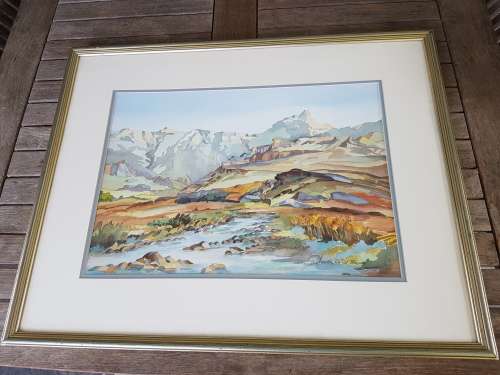 Original Watercolour by Dorothy Winhart Bauers. Drakensberg Scene. New condition. Framed.