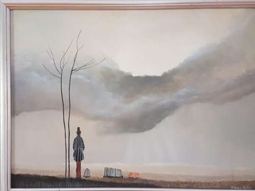 Antonio Falco. Man with Tree and Wagons. Listed Surrealist Spanish Artist. Original Oil in Frame.