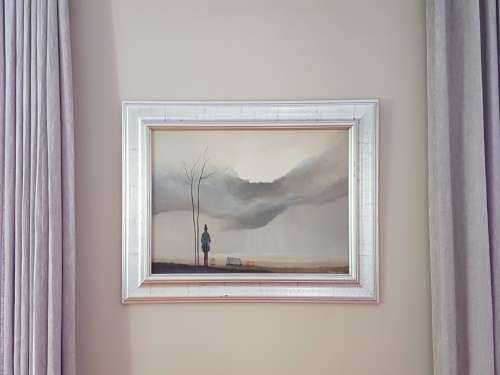 Antonio Falco. Man with Tree and Wagons. Listed Surrealist Spanish Artist. Original Oil in Frame.