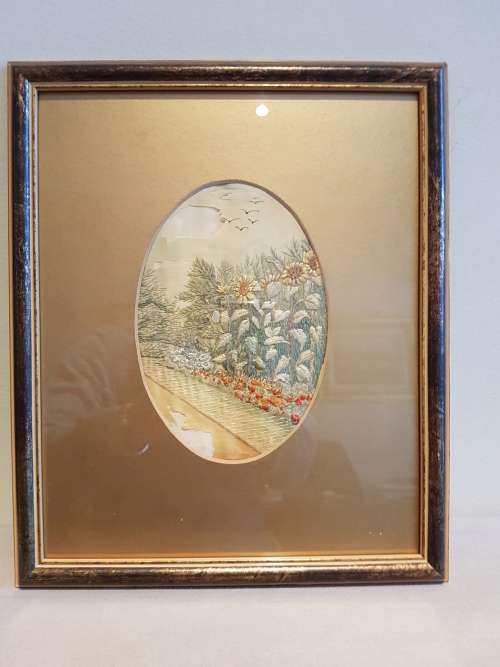 Original Silk Embroidery titled "Sunflowers" signed E.M. Foyster. Framed. Looks Victorian.