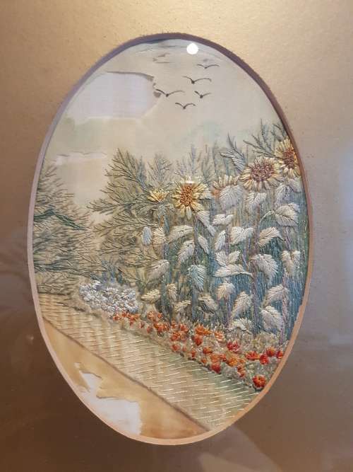 Original Silk Embroidery titled "Sunflowers" signed E.M. Foyster. Framed. Looks Victorian.