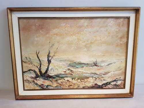 Joseph Stiens. Etosha Scene. Namibian Artist. Original oil on board, framed with certificate.