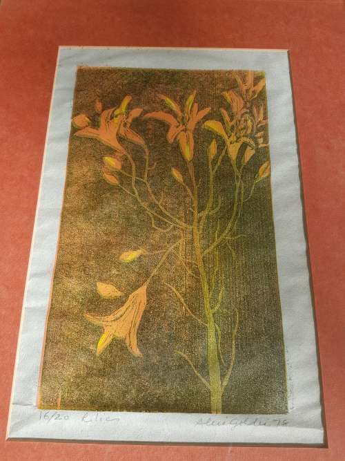 Alice Goldin (1922-2016). Lilies 16/20. Signed Colour Silkscreen Print Gold Frame. Excellent cond.
