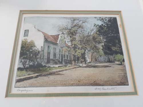 Hilda Pemberton. Vergelegen Cape Dutch House. HAND COLOURED AND SIGNED.  Framed.