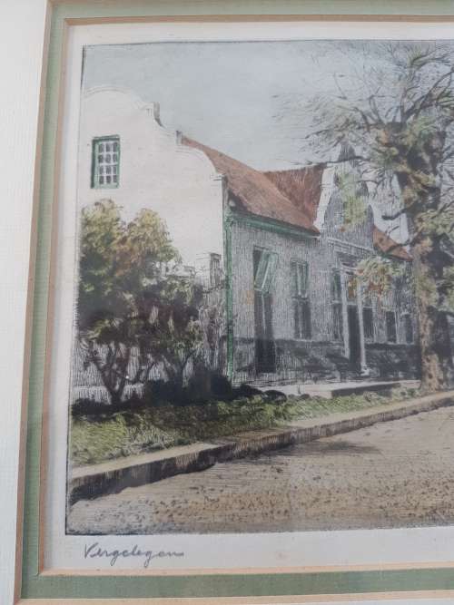 Hilda Pemberton. Vergelegen Cape Dutch House. HAND COLOURED AND SIGNED.  Framed.