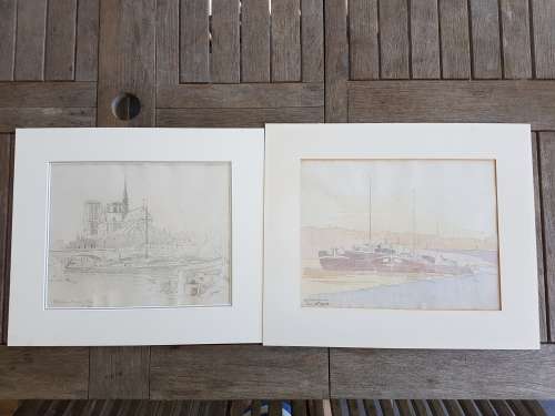 Alexander Graham Munro ( 1903-1985). Original drawing of Notre Dame, Paris and watercolour of Seine.
