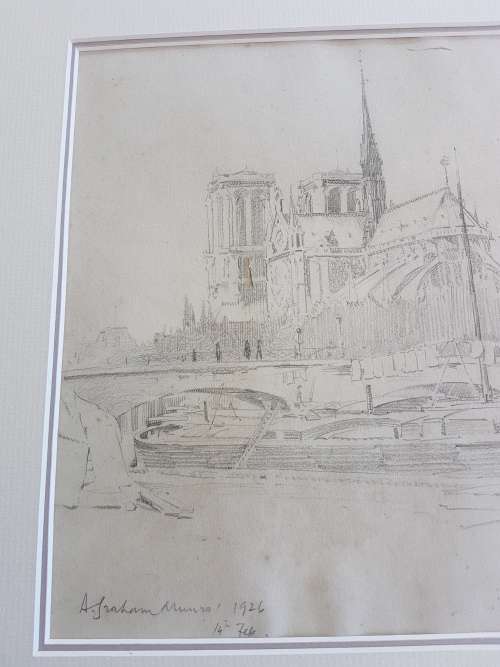 Alexander Graham Munro ( 1903-1985). Original drawing of Notre Dame, Paris and watercolour of Seine.