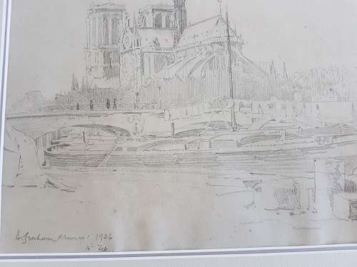 Alexander Graham Munro ( 1903-1985). Original drawing of Notre Dame, Paris and watercolour of Seine.