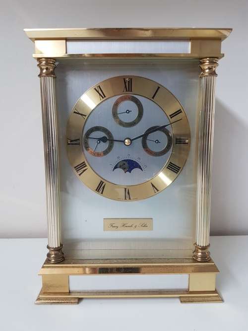 Franz Hermle Mantle Clock with Day/ Date, Month, Moonphase. Heavy. Brass.