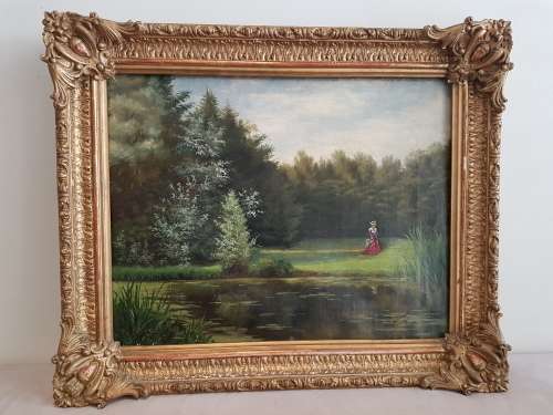 19th century oil on canvas with original frame. Signed Springer. The Lady at the Lake.