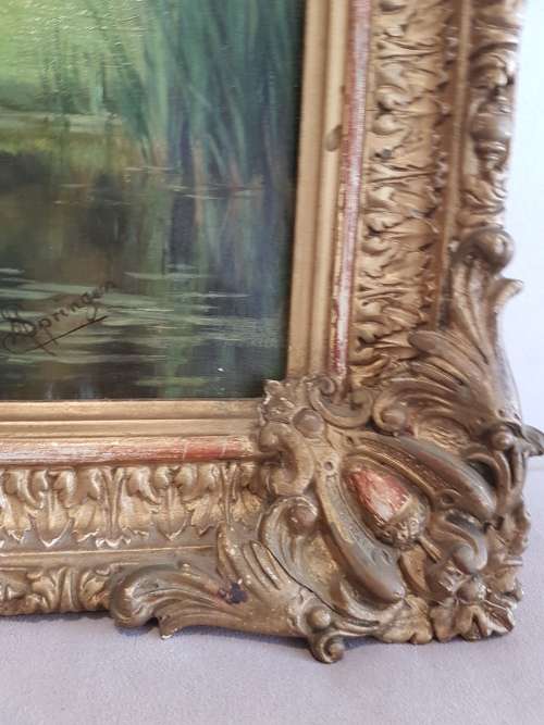 19th century oil on canvas with original frame. Signed Springer. The Lady at the Lake.