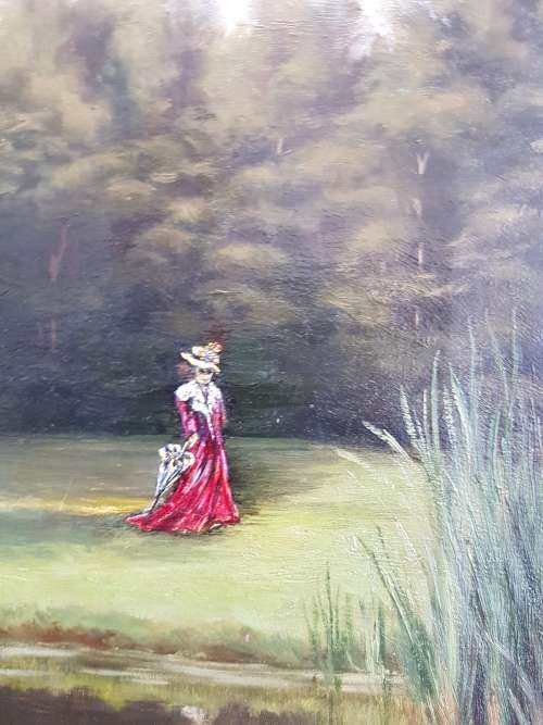 19th century oil on canvas with original frame. Signed Springer. The Lady at the Lake.