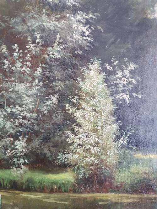 19th century oil on canvas with original frame. Signed Springer. The Lady at the Lake.
