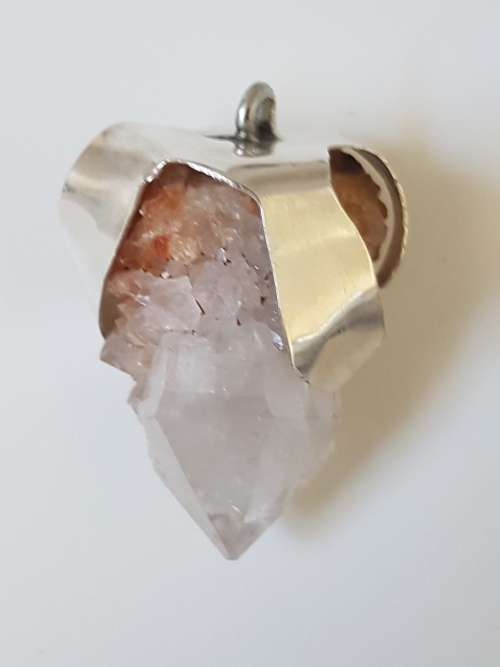 Sterling Silver White Transparent Quartz Crystal Pendant. Rough Crystal. Large.
