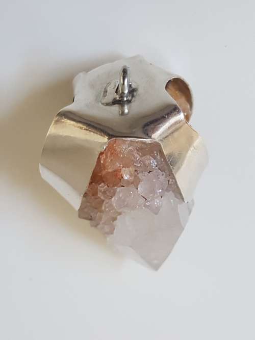 Sterling Silver White Transparent Quartz Crystal Pendant. Rough Crystal. Large.