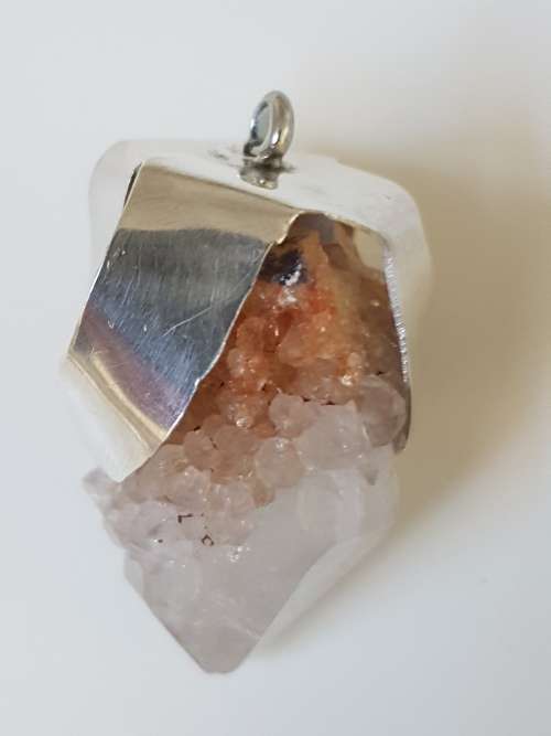 Sterling Silver White Transparent Quartz Crystal Pendant. Rough Crystal. Large.