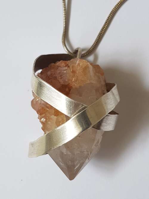 Sterling Silver Wrap White Transparent Quartz Crystal Pendant. Rough Crystal. Large.