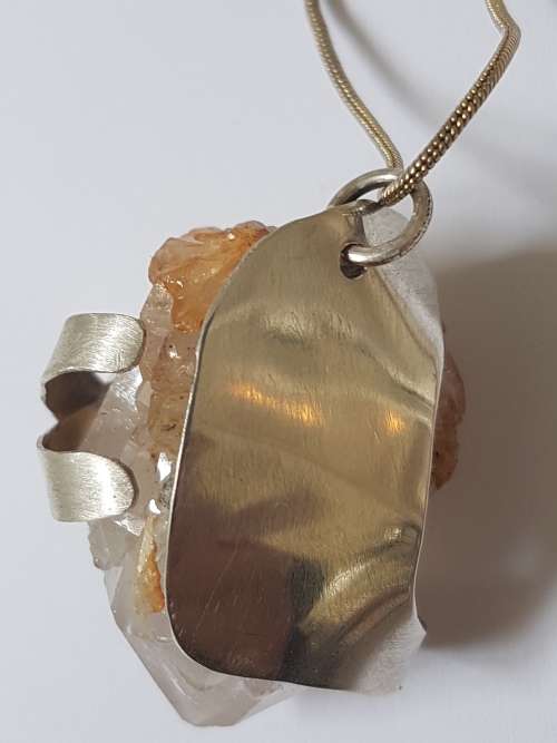 Sterling Silver Wrap White Transparent Quartz Crystal Pendant. Rough Crystal. Large.