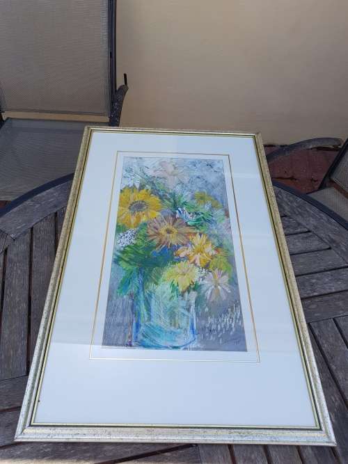 Edwine Simon (1939-). Still life of flowers. Original mixed media. Framed.