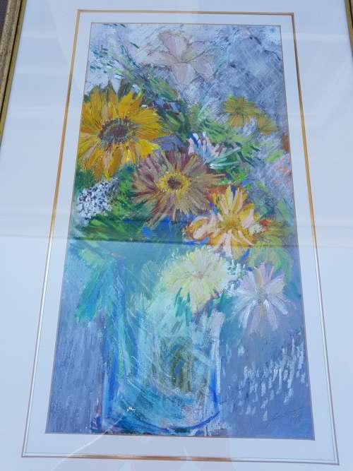 Edwine Simon (1939-). Still life of flowers. Original mixed media. Framed.