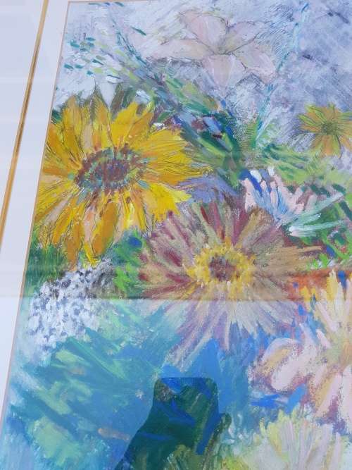Edwine Simon (1939-). Still life of flowers. Original mixed media. Framed.