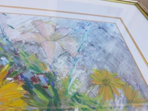 Edwine Simon (1939-). Still life of flowers. Original mixed media. Framed.