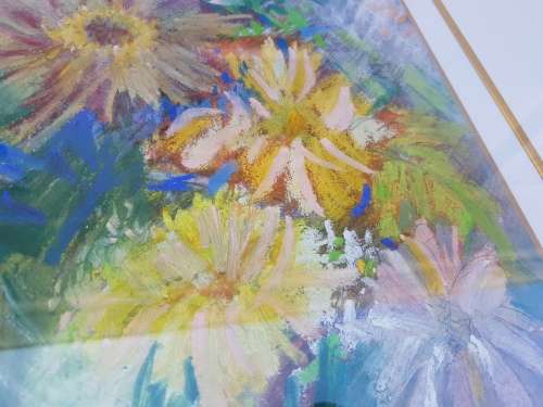 Edwine Simon (1939-). Still life of flowers. Original mixed media. Framed.