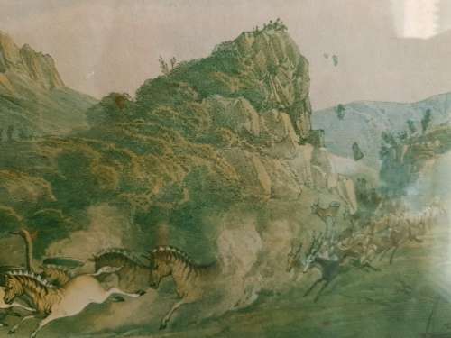 Thomas Baines. Bushmen hunting a herd of heterogenous game. LARGE PRINT, FRAMED.