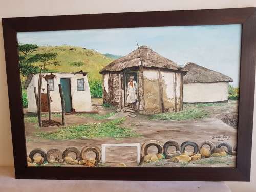 Sandile Sibiya. Huge Original Oil of Zulu Huts. Framed. Signed.