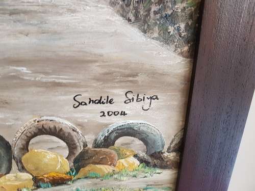 Sandile Sibiya. Huge Original Oil of Zulu Huts. Framed. Signed.