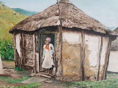 Sandile Sibiya. Huge Original Oil of Zulu Huts. Framed. Signed.