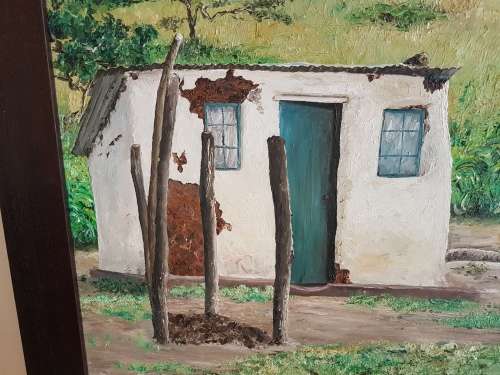 Sandile Sibiya. Huge Original Oil of Zulu Huts. Framed. Signed.
