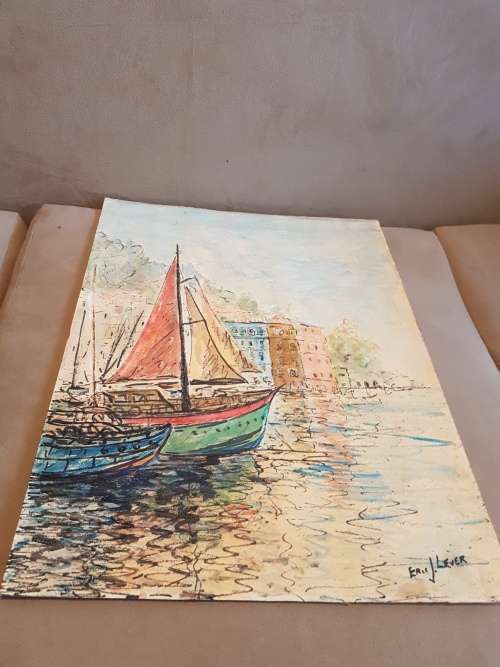Eric J. Lever. Portofino Italy. Mixed media watercolour in mid-century style.