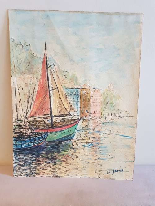 Eric J. Lever. Portofino Italy. Mixed media watercolour in mid-century style.