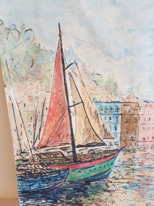 Eric J. Lever. Portofino Italy. Mixed media watercolour in mid-century style.