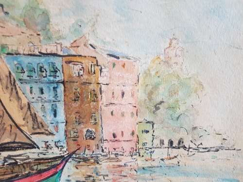 Eric J. Lever. Portofino Italy. Mixed media watercolour in mid-century style.