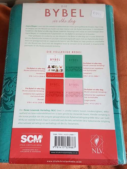 Die Bybel vir elke dag (Nuwe Lewende Vertaling). SEEGROEN ITALIAANSE LEER sagteband met duimdrukke.