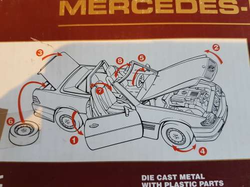 Mercedes-Benz 500SL (1989) 1:18 Die Cast Model in Box. Moving Parts, Spare Tyre.